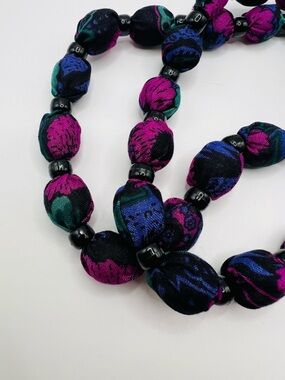 Vintage Fabric Bead Necklace Black Pink Blue Statement 80s Chunky